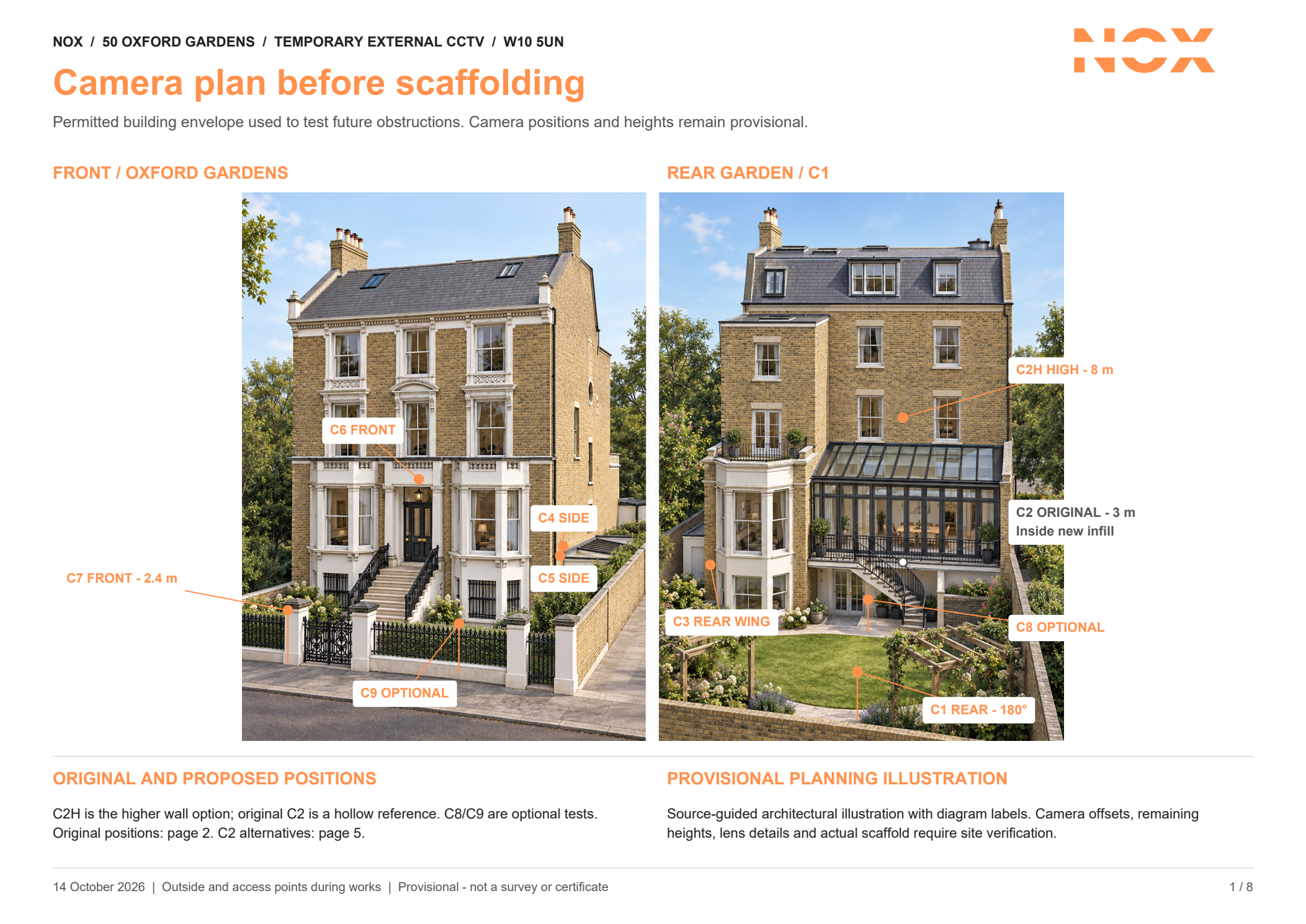 Nox front and rear architectural illustrations with camera locations without scaffolding